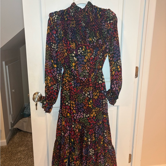 FARM Rio Black Multicolor Floral Smocked Long Sleeve Tiered Midi Dress NWT - Picture 9 of 9